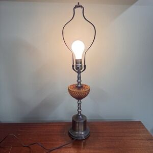 Vtg Amber Glass Hobnail Electric Lamp Metal Brass Colored  26" Works